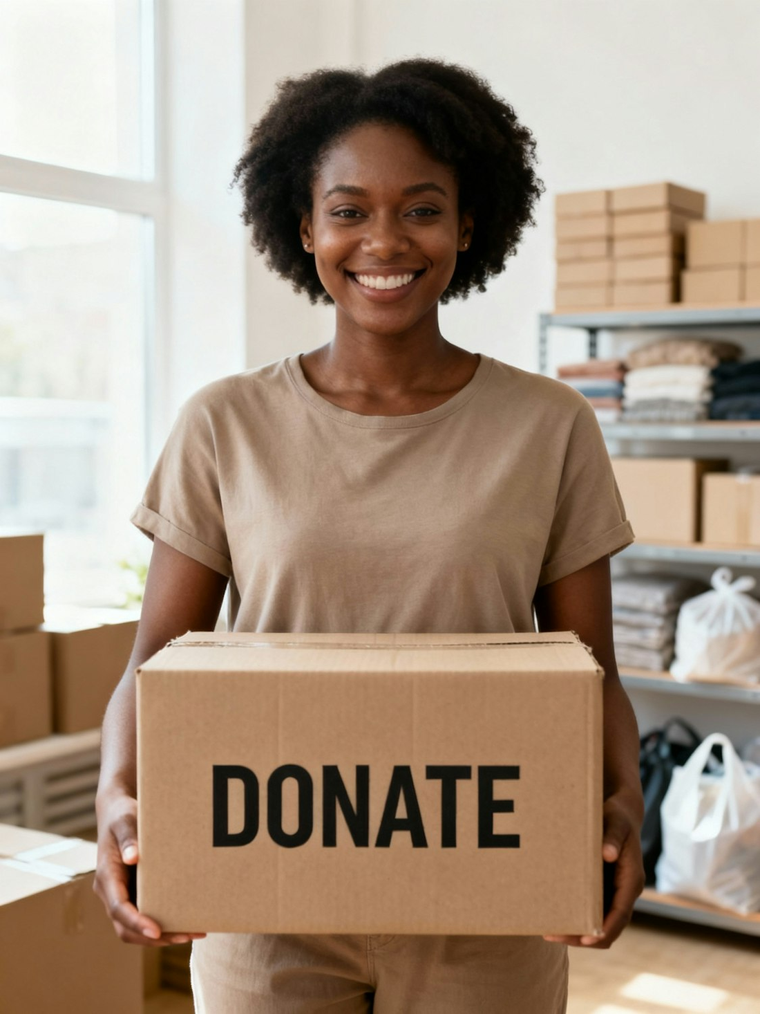 Bags and boxes of donated items ready to be sorted in a charity shop