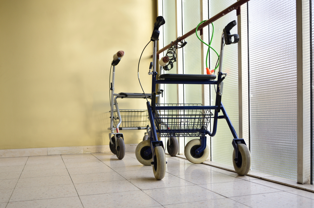 Mobility aids including a walker and wheelchair ready to be loaned out